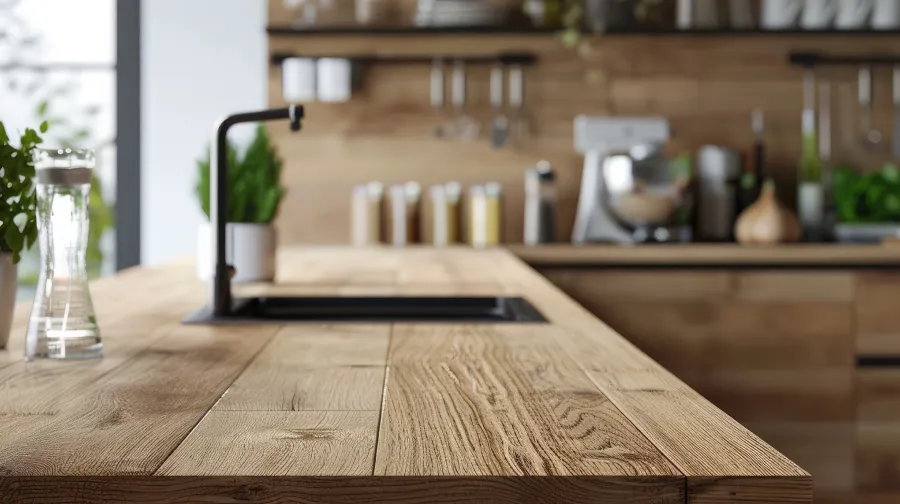 AI generated close up of a kitchen modern rustic style, wood furniture